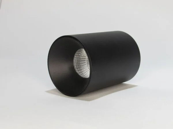 horizontally a black downlight MZ80 standing on a white support