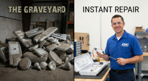 A side-by-side comparison. Left: A pile of dead, non-repairable imported lights (The Graveyard). Right: An EMC technician holding a spare driver, ready to fix a light instantly.