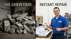 A side-by-side comparison. Left: A pile of dead, non-repairable imported lights (The Graveyard). Right: An EMC technician holding a spare driver, ready to fix a light instantly.