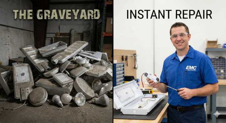 A side-by-side comparison. Left: A pile of dead, non-repairable imported lights (The Graveyard). Right: An EMC technician holding a spare driver, ready to fix a light instantly.