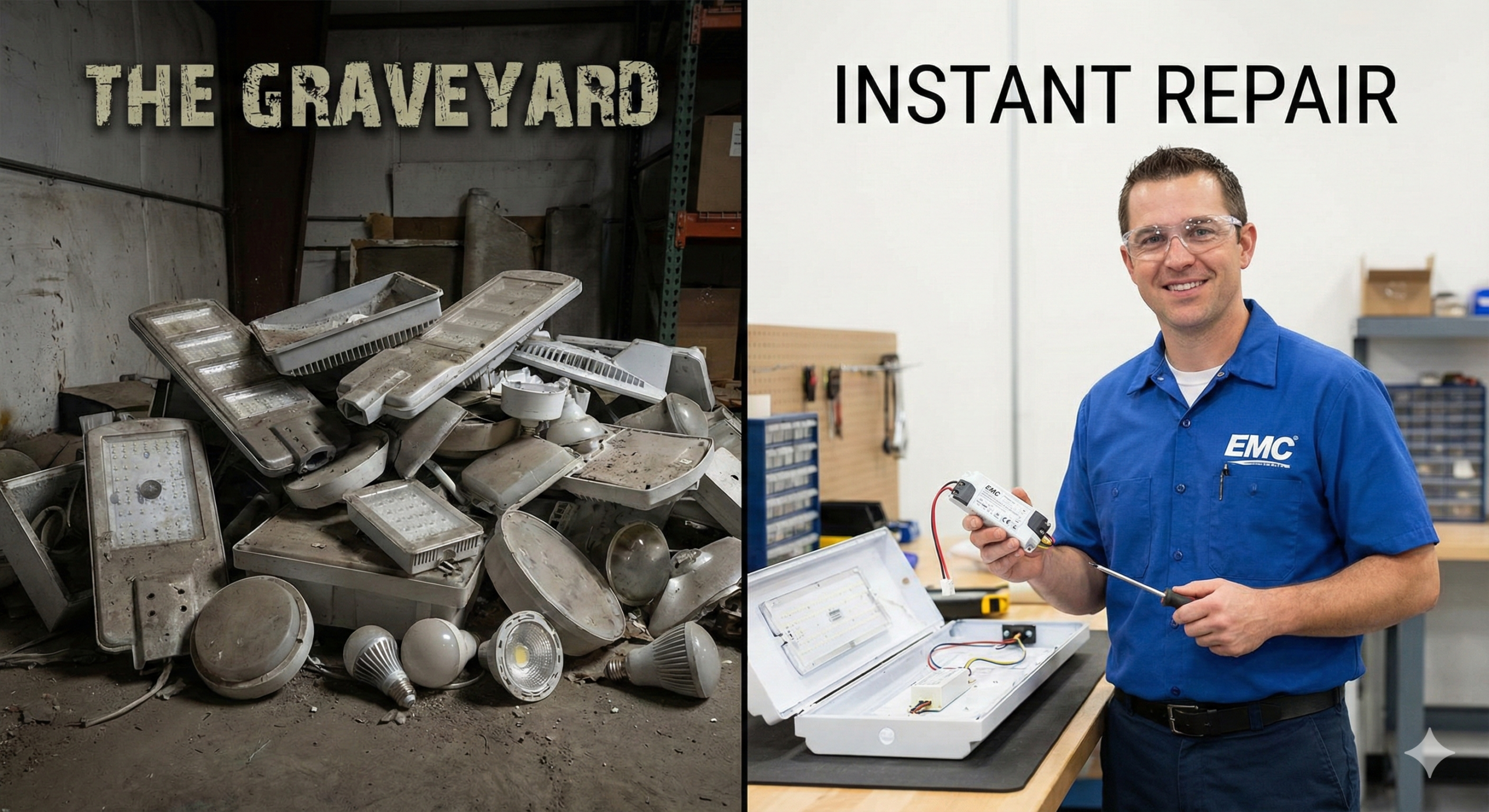 A side-by-side comparison. Left: A pile of dead, non-repairable imported lights (The Graveyard). Right: An EMC technician holding a spare driver, ready to fix a light instantly.