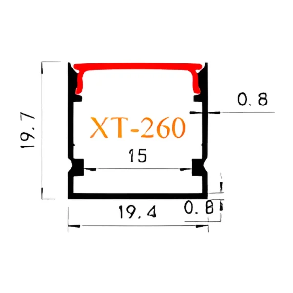 XT-260 Aluminum LED Profile 20x20mm CAD drawing with dimensions XT-260 Aluminum LED Profile 20x20mm CAD drawing with dimensions
