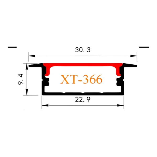 XT-366 Recessed LED Profile with Lips 30x10mm CAD drawing with dimensions