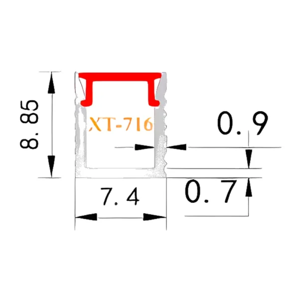 XT-716 Aluminum LED Profile 7.4x8.85mm CAD drawing with dimensions XT-716 Aluminum LED Profile 7.4x8.85mm CAD drawing with dimensions
